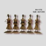 Handcrafted five-piece Rajasthani tribal women musicians iron sculpture set featuring hand-painted traditional female figures with wire arms on square base plinths.