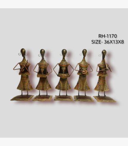 Handcrafted five-piece Rajasthani tribal women musicians iron sculpture set featuring hand-painted traditional female figures with wire arms on square base plinths.