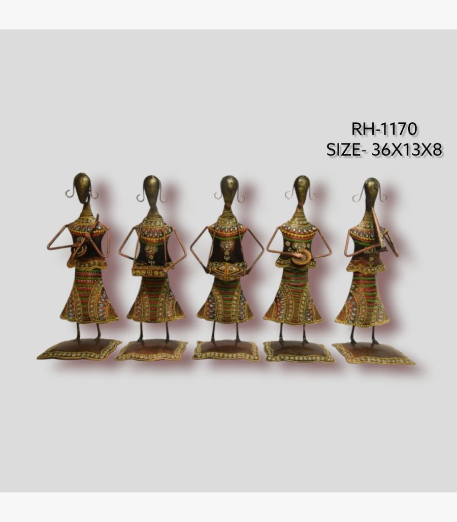 2 Handcrafted five-piece Rajasthani tribal women musicians iron sculpture set featuring hand-painted traditional female figures with wire arms on square base plinths.