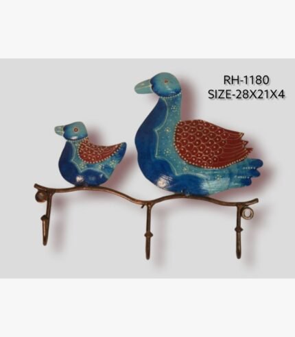 Handcrafted hand-painted iron wall hook featuring a blue duck and duckling perched on a branch with three utility hangers.