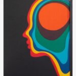 Handcrafted multi-layered laser-cut wooden wall art titled Psychedelic Mindscape featuring a 3D abstract human profile silhouette with vibrant rainbow topographic concentric layers.