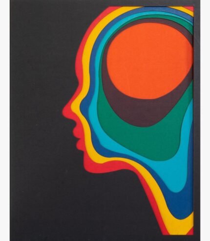 Handcrafted multi-layered laser-cut wooden wall art titled Psychedelic Mindscape featuring a 3D abstract human profile silhouette with vibrant rainbow topographic concentric layers.
