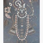 Handcrafted traditional Shrinathji stone inlay panel titled Divine Shrinathji featuring natural marble and gemstone contours on a dark textured slate background.