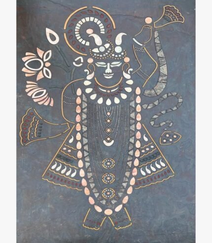 Handcrafted traditional Shrinathji stone inlay panel titled Divine Shrinathji featuring natural marble and gemstone contours on a dark textured slate background.