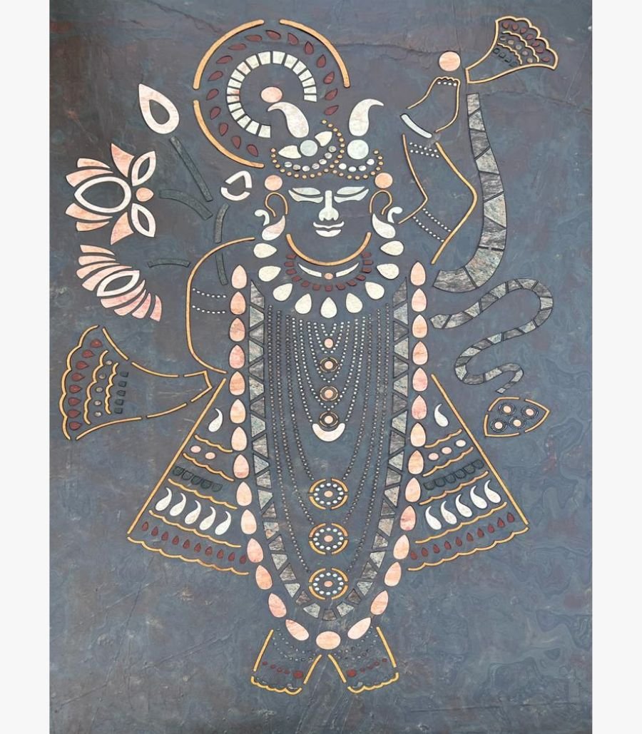 2 Handcrafted traditional Shrinathji stone inlay panel titled Divine Shrinathji featuring natural marble and gemstone contours on a dark textured slate background.