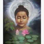 Original fine art oil painting titled Eternal Enlightenment by Dilip Bagda depicting a serene meditating Buddha face framed by a large glowing full moon with pink lotus flowers blooming in the foreground water.