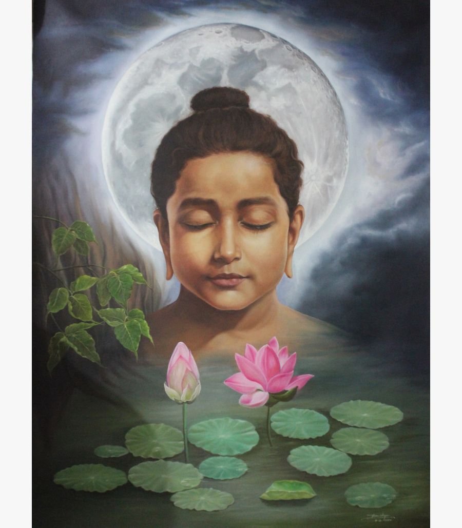 2 Original fine art oil painting titled Eternal Enlightenment by Dilip Bagda depicting a serene meditating Buddha face framed by a large glowing full moon with pink lotus flowers blooming in the foreground water.
