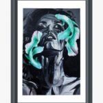 A striking monochrome portrait painting of a woman with her eyes closed, accented by two vibrant turquoise betta fish swimming around her face, created by artist Hitendra Nagani.