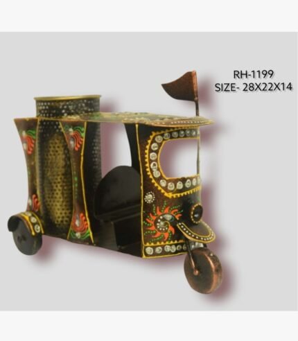 Handcrafted wrought iron traditional Indian auto rickshaw pen stand titled Nostalgic Ride by Crafts Heritage featuring a brown textured body with festive green, orange, and white hand-painted patterns and an integrated mesh utility cup.
