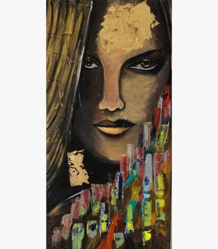 An abstract figurative portrait acrylic painting on canvas of a woman with striking eyes, gold leaf accents on her forehead, and colorful geometric city-like patterns in the foreground.