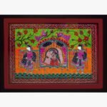 A colorful traditional Madhubani style acrylic painting on canvas showing an Indian bride in a decorated royal doli palanquin carried by two bearers, by Vidhi Joshi.