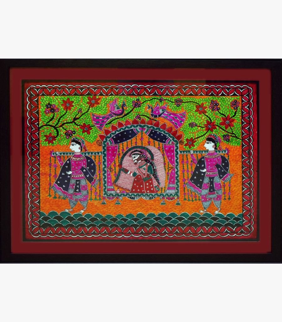 Vidhi Joshi - The Royal Doli Journey - Acrylic on Canvas A colorful traditional Madhubani style acrylic painting on canvas showing an Indian bride in a decorated royal doli palanquin carried by two bearers, by Vidhi Joshi.