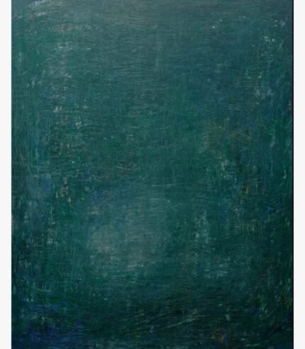 Original abstract teal and emerald green painting Oceanic Depths by Virendra Kumar, featuring layered textures and dark blue undertones in acrylic on canvas.