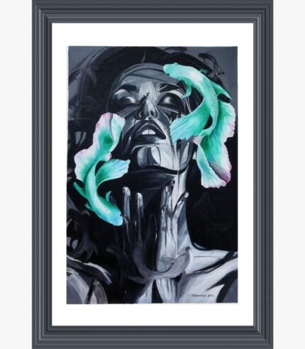 A striking monochrome portrait painting of a woman with her eyes closed, accented by two vibrant turquoise betta fish swimming around her face, created by artist Hitendra Nagani.