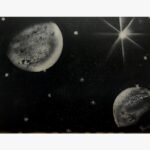 Original black and white space spray painting Cosmic Eclipse by Birva Kalsara, featuring textured distant planets, a bright multi-pointed star, and a starry night galaxy backdrop.
