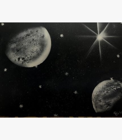 Original black and white space spray painting Cosmic Eclipse by Birva Kalsara, featuring textured distant planets, a bright multi-pointed star, and a starry night galaxy backdrop.