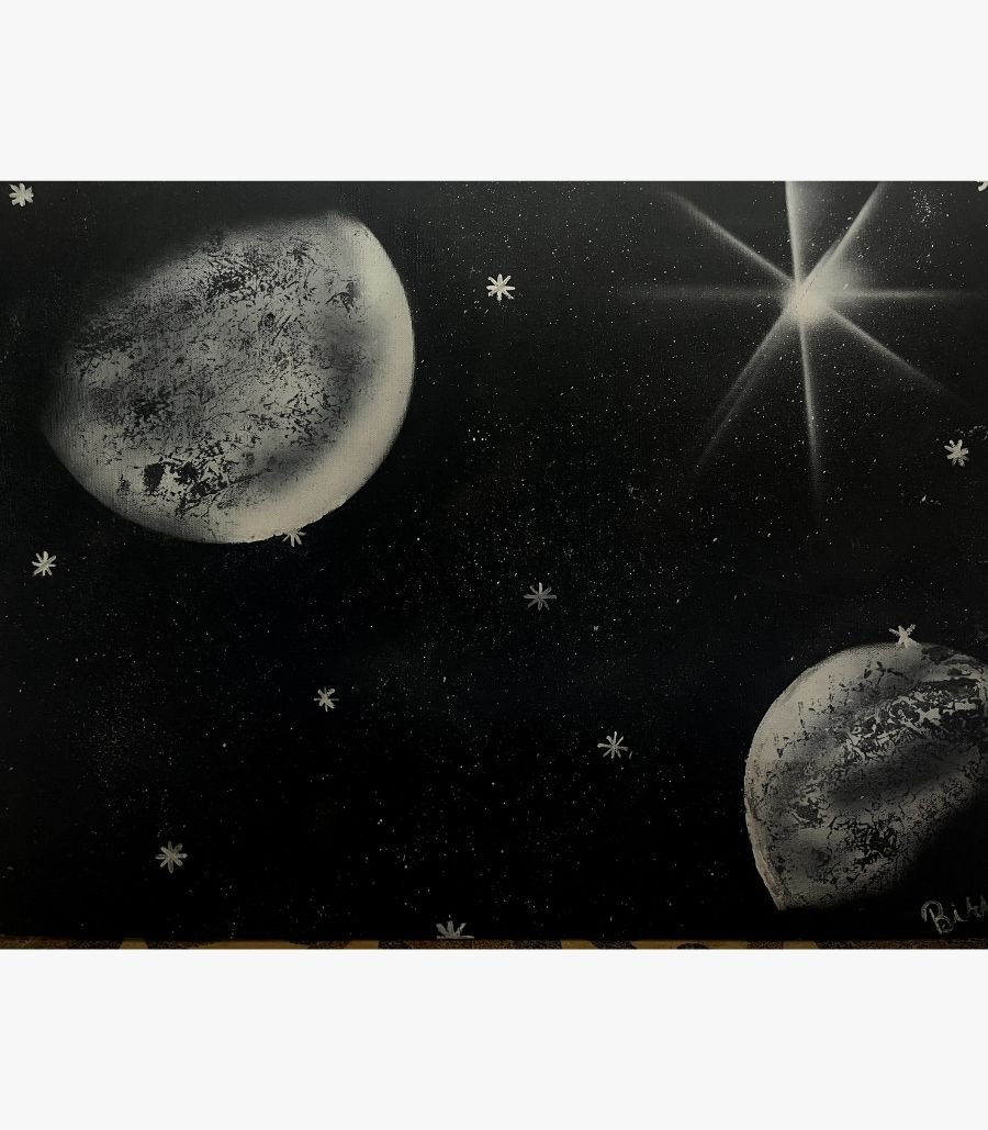 Birva Kalsara - Cosmic Eclipse - Spray Painting Original black and white space spray painting Cosmic Eclipse by Birva Kalsara, featuring textured distant planets, a bright multi-pointed star, and a starry night galaxy backdrop.