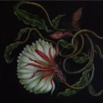 Spring of life acrylic painting by Neha Jain featuring an intricate white floral blossom with crimson red accents and winding green vines against a deep black background.