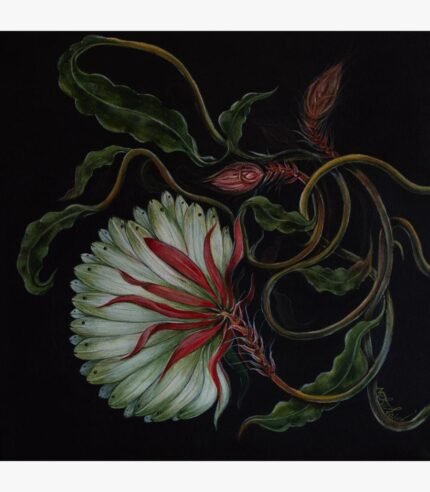 Spring of life acrylic painting by Neha Jain featuring an intricate white floral blossom with crimson red accents and winding green vines against a deep black background.