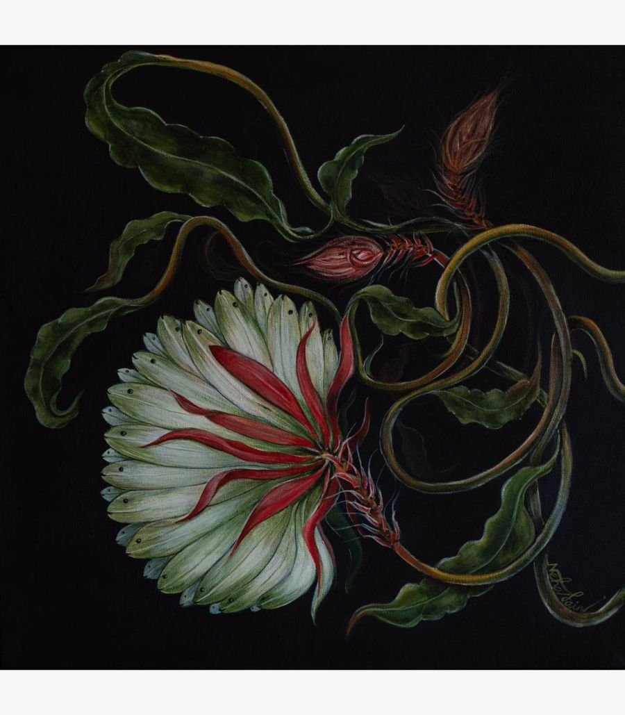 Neha Jain - Spring of life - Acrylic on Canvas Spring of life acrylic painting by Neha Jain featuring an intricate white floral blossom with crimson red accents and winding green vines against a deep black background.