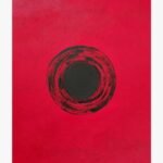 Eternal Reverberation abstract painting by Harshita Siddhpura featuring a bold black textured circle centered on a vibrant red background.