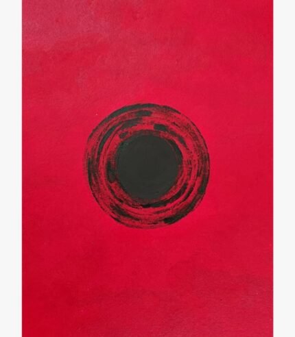 Eternal Reverberation abstract painting by Harshita Siddhpura featuring a bold black textured circle centered on a vibrant red background.