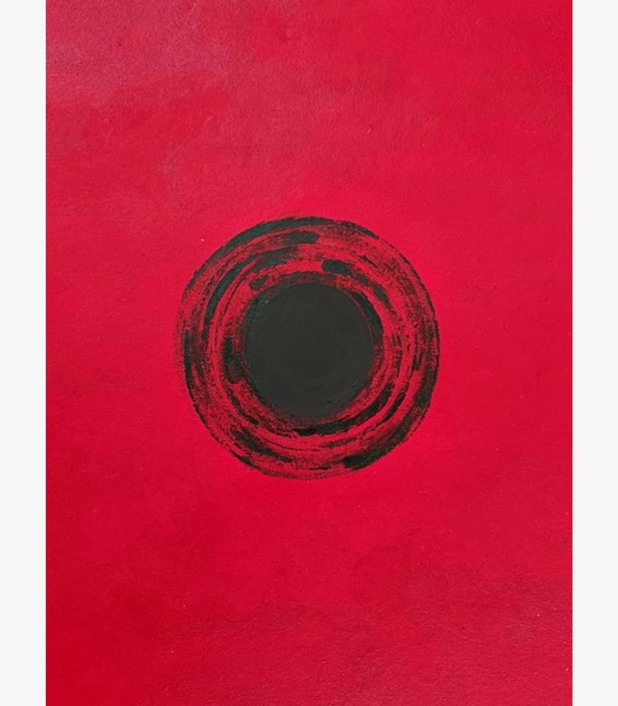 Harshita Siddhpura - Eternal Reverberation - Acrylic on Paper Eternal Reverberation abstract painting by Harshita Siddhpura featuring a bold black textured circle centered on a vibrant red background.