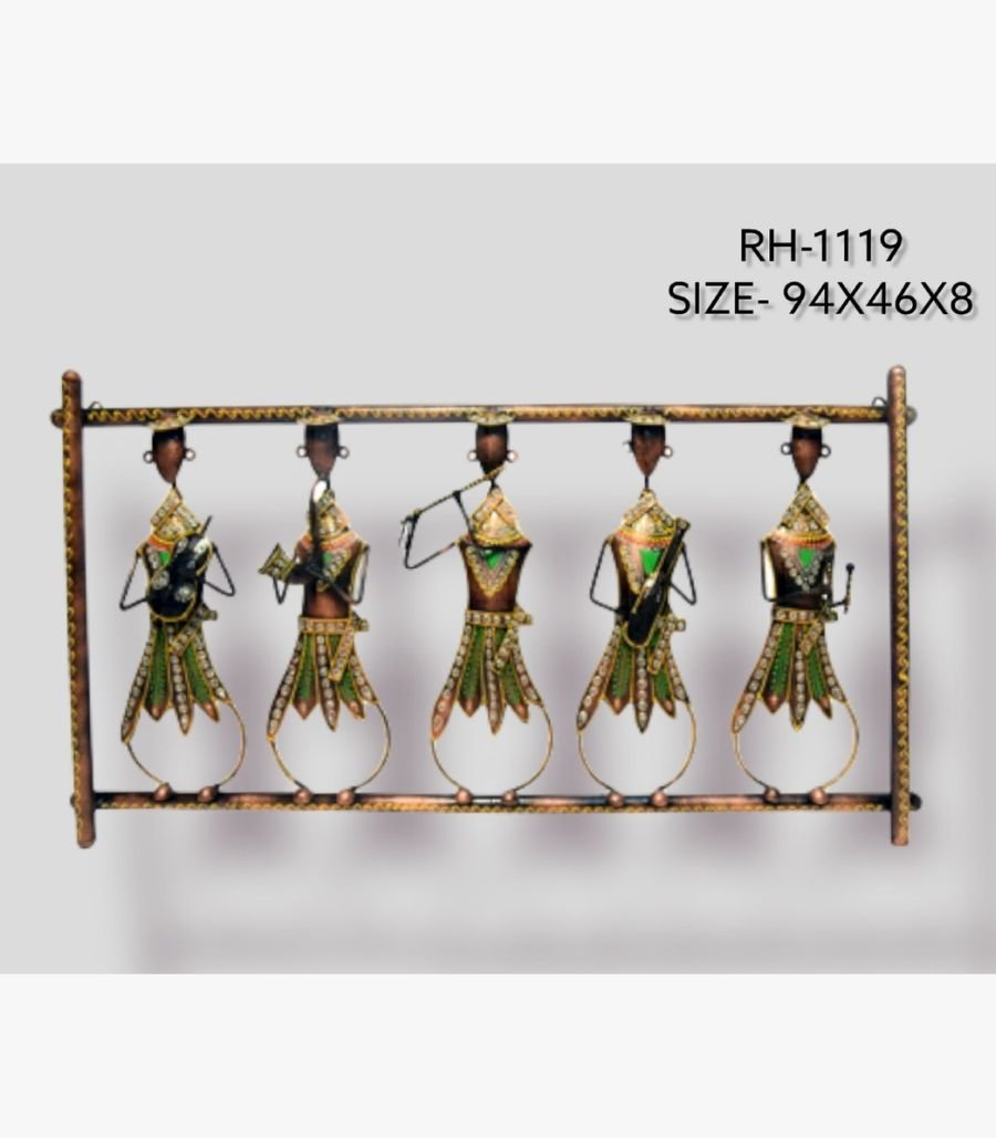 2 Handcrafted tribal musicians metal wall art frame featuring five stylized figures playing traditional folk instruments.