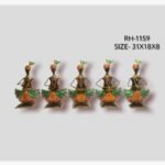 Handcrafted five-piece Rajasthani musicians iron sculpture set featuring hand-painted tribal folk figurines playing traditional musical instruments on square base plinths.