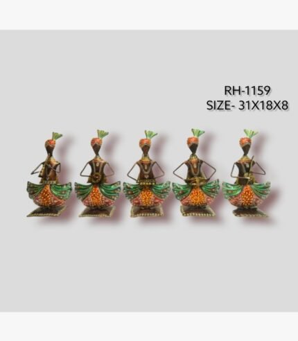 Handcrafted five-piece Rajasthani musicians iron sculpture set featuring hand-painted tribal folk figurines playing traditional musical instruments on square base plinths.