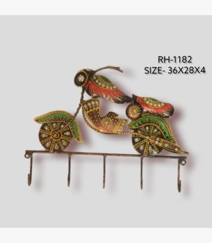 Handcrafted wrought iron decorative wall hanger with 5 hooks titled Vintage Cruiser by Crafts Heritage featuring a retro motorcycle design with hand-painted green, red, and gold folk art detailing.