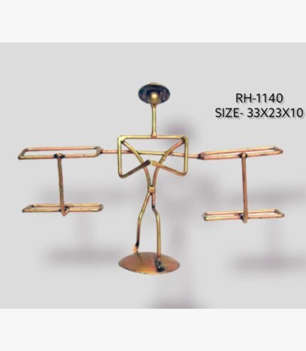 Handcrafted tribal man carrying baskets metal sculpture with a stick figure design balancing two rectangular frames on a circular pedestal base.