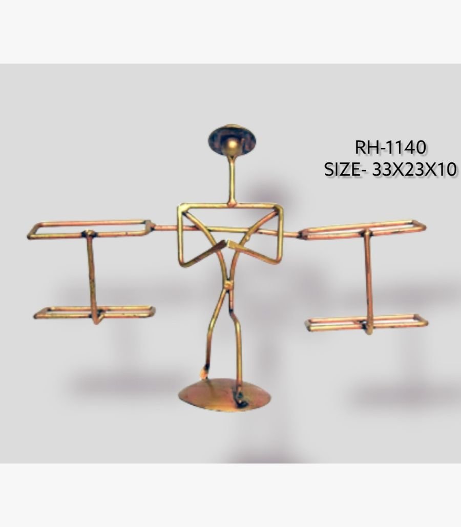 21 Handcrafted tribal man carrying baskets metal sculpture with a stick figure design balancing two rectangular frames on a circular pedestal base.