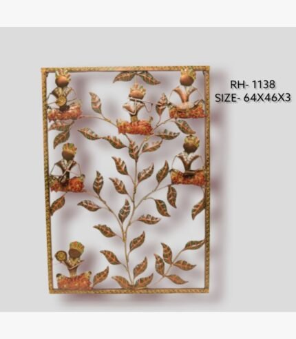 Handcrafted tribal musicians tree of life metal wall art featuring six folk figures playing instruments amidst patterned iron leaves inside a rectangular frame.