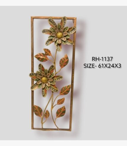 Handcrafted floral bloom vertical metal wall art panel featuring two large textured sunflowers with multi-tonal patterned petals and iron leaves inside a rectangular frame.