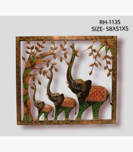 Handcrafted royal elephant family tree of life metal wall art panel featuring three hand-painted iron elephants with trunks up beneath a textured tree inside a square frame.