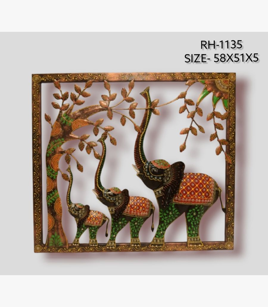 26 Handcrafted royal elephant family tree of life metal wall art panel featuring three hand-painted iron elephants with trunks up beneath a textured tree inside a square frame.