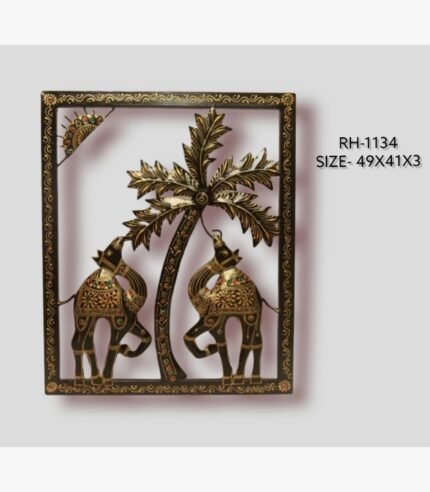 Handcrafted desert camels and palm tree metal wall art panel featuring two traditional painted iron camels under a golden sun and palm fronds in a rectangular frame.