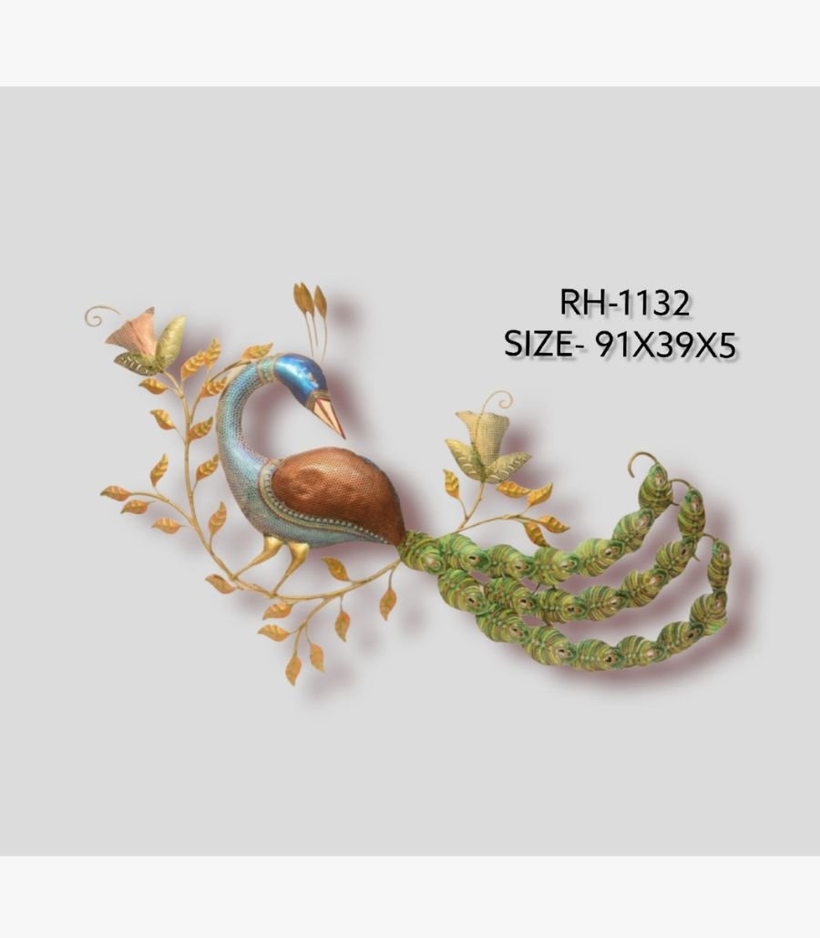 29 Handcrafted regal peacock metal wall art featuring a metallic blue neck, bronze body, textured green trailing feathers, and delicate gold floral vines.