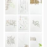 A modern 9-panel minimalist fine art grid displaying abstract twigs, roots, fences, and sparse green foliage in gouache on paper, by Mihir Dabhi.