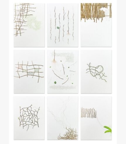 A modern 9-panel minimalist fine art grid displaying abstract twigs, roots, fences, and sparse green foliage in gouache on paper, by Mihir Dabhi.