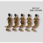 Handcrafted five-piece Rajasthani mermaid musicians iron sculpture set featuring hand-painted traditional motifs on curved fish-tail bodies and oval bases.