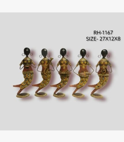 Handcrafted five-piece Rajasthani mermaid musicians iron sculpture set featuring hand-painted traditional motifs on curved fish-tail bodies and oval bases.