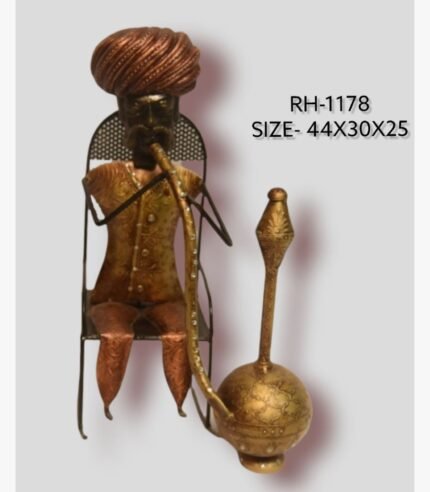Handcrafted Rajasthani village elder hookah smoker iron sculpture featuring a detailed turban, patterned traditional attire, and a large gold-toned hubble-bubble pipe on a high-back chair.