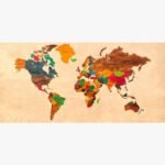 Handcrafted multi-layered laser-cut wooden world map wall art titled Global Exploration featuring a multi-colored 3D political cartography layout with labeled countries on a natural wood background panel.