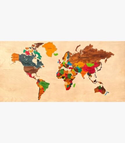 Handcrafted multi-layered laser-cut wooden world map wall art titled Global Exploration featuring a multi-colored 3D political cartography layout with labeled countries on a natural wood background panel.