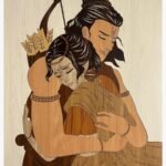 Handcrafted vertical wood inlay marquetry wall art titled Eternal Embrace depicting a tender, divine embrace between Lord Ram and Goddess Sita made from premium natural timber veneers.