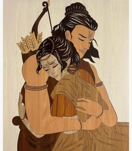 Handcrafted vertical wood inlay marquetry wall art titled Eternal Embrace depicting a tender, divine embrace between Lord Ram and Goddess Sita made from premium natural timber veneers.