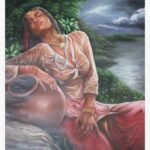 Original figurative oil painting titled Monsoon Monologue by Dilip Bagda depicting a rural Indian woman in wet traditional attire resting with an earthenware pot under a stormy monsoon sky.