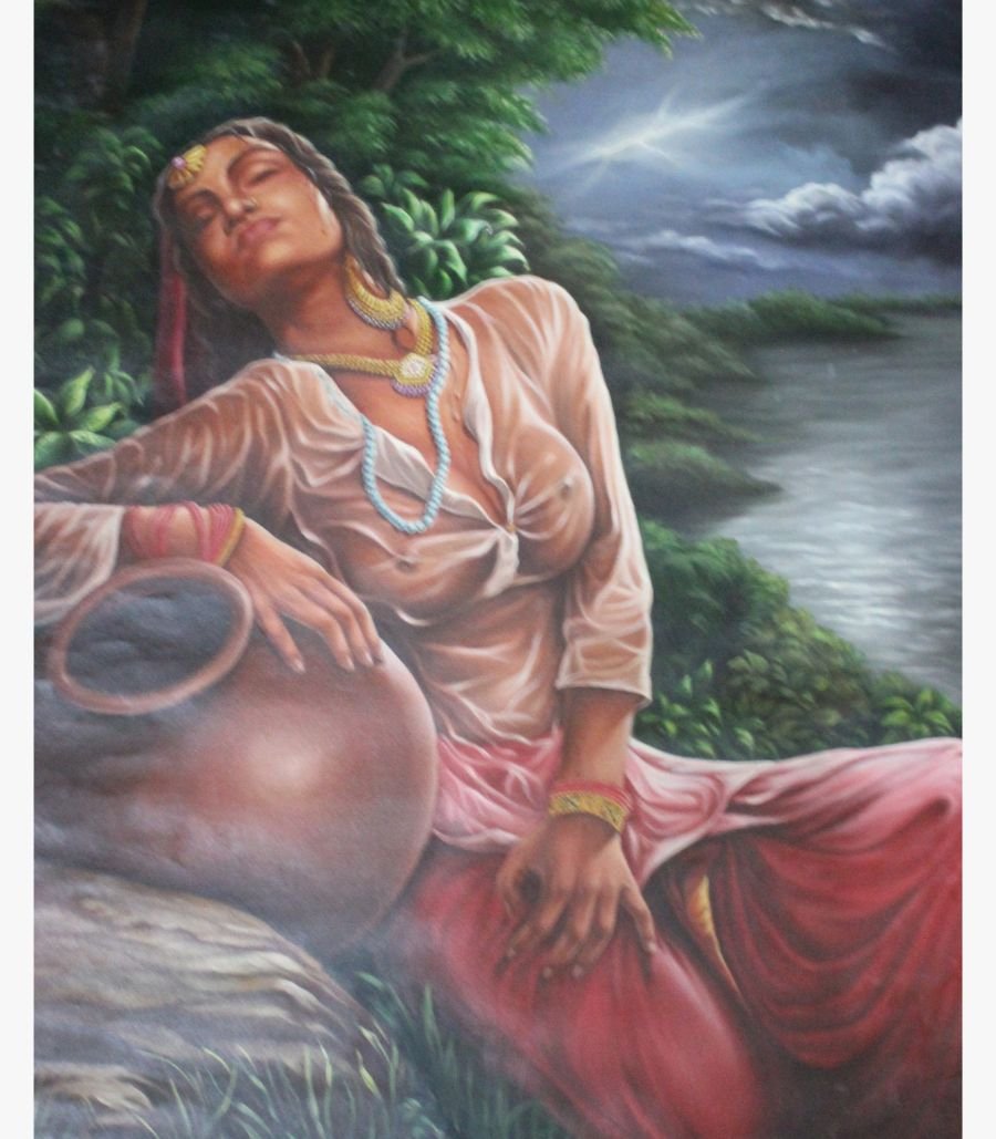3 Original figurative oil painting titled Monsoon Monologue by Dilip Bagda depicting a rural Indian woman in wet traditional attire resting with an earthenware pot under a stormy monsoon sky.